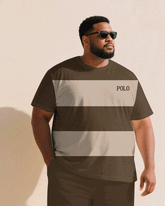 Men's Plus Size Brown & Khaki Chest Small Label Short Sleeve T-Shirt Shorts Suit